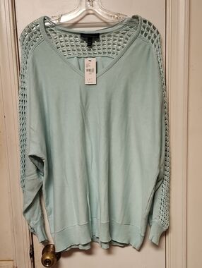 Light Aqua Crochet-Sleeve V-Neck Sweater
